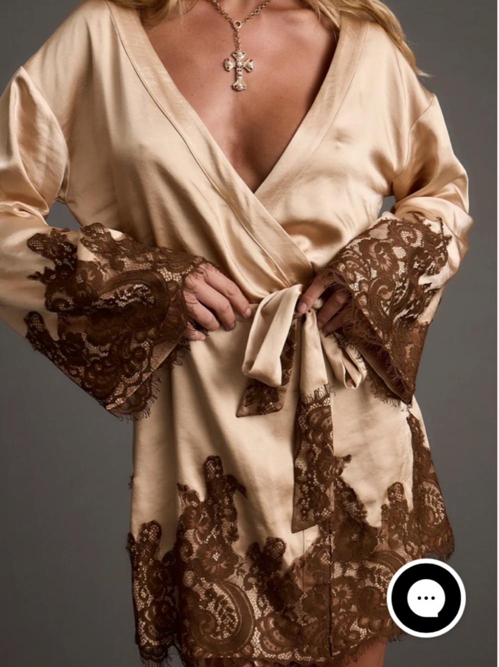 12th Tribe Beige Wrap Robe with Brown Lace Trim - Picture 3 of 16